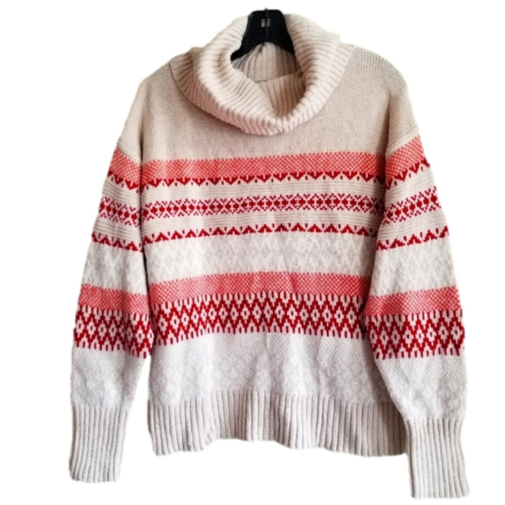 Frye & Co Knitted Cowl Turtleneck Nordic Pattern Pullover Sweater Soft Size S